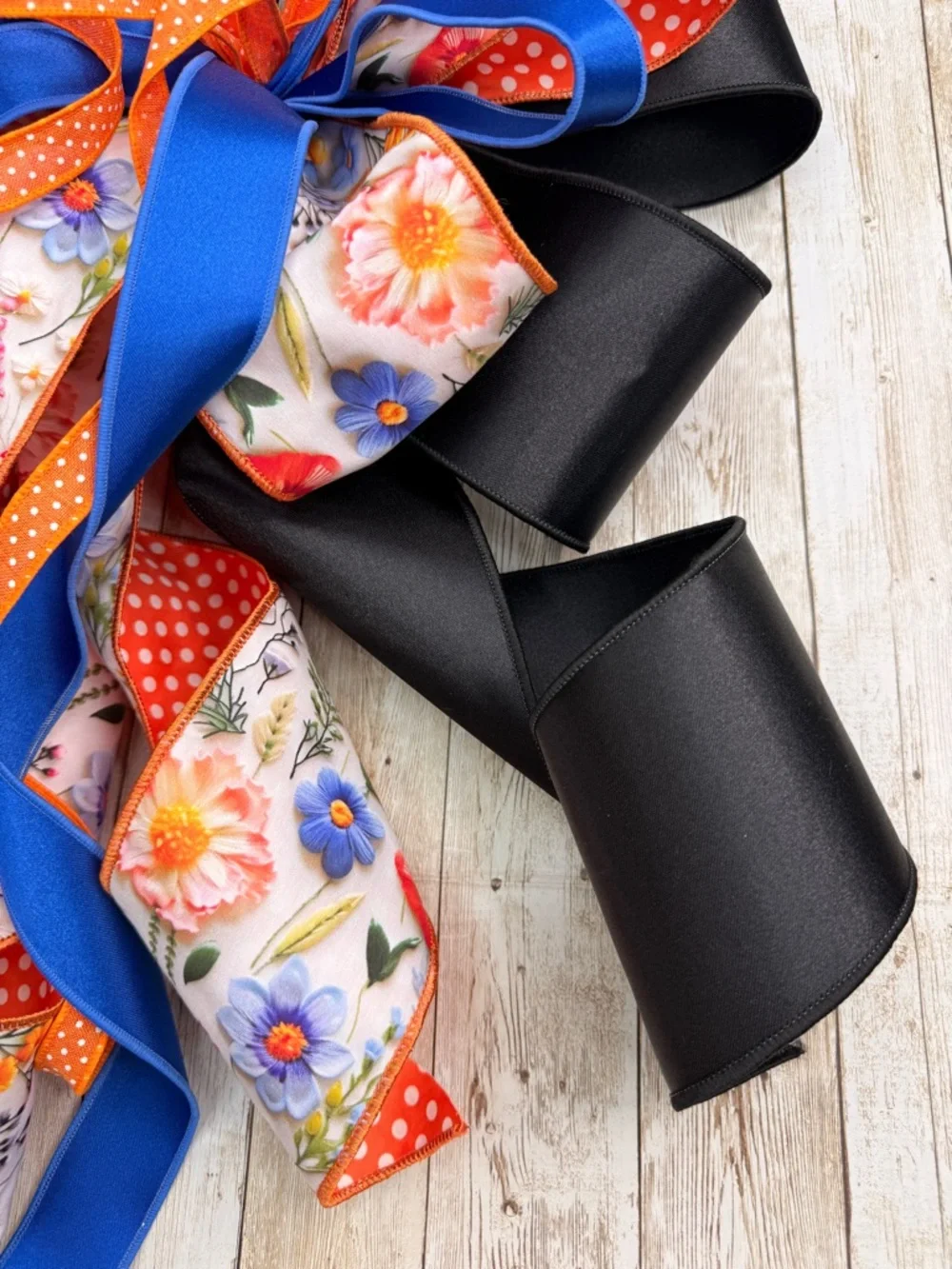 Blue, Orange & Black Floral Gift Bow - Decorative Party Ribbon
